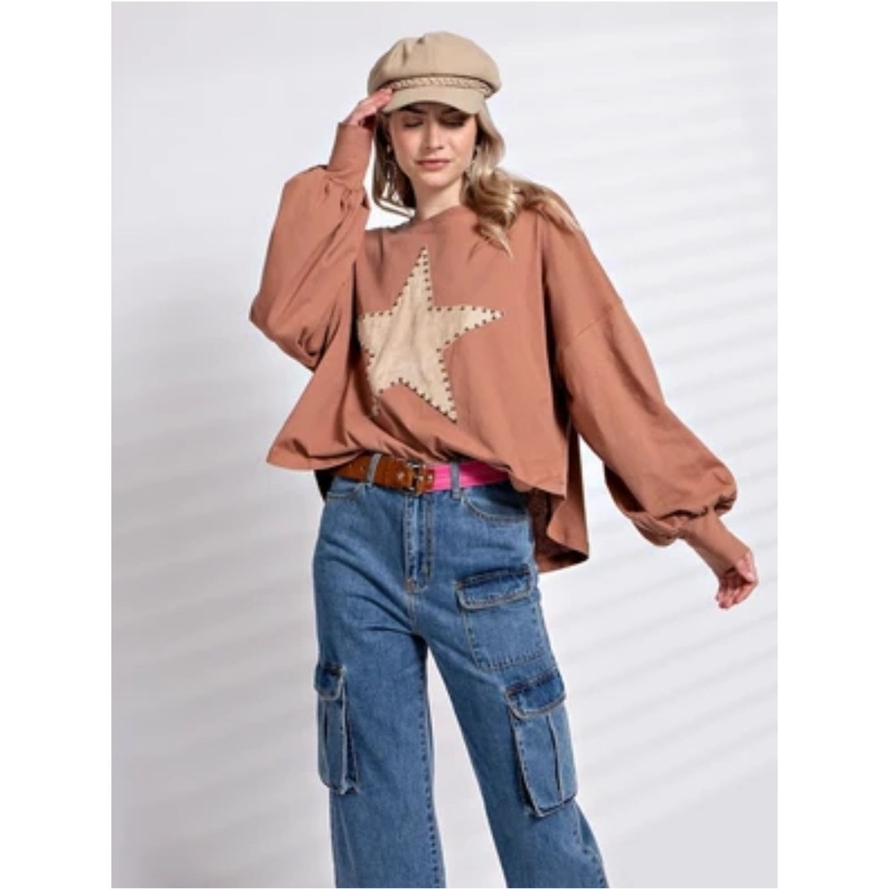 Three Bird Nest Camel Tan Studded Star Balloon Sleeve Oversized Top S Boho Chic